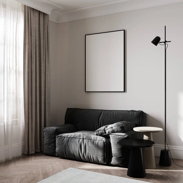 Modern iç plan, oturma odası, İskandinav tarzı, 3D çizim, 3D resim