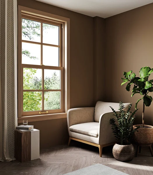 Cozy Home Interior Background Living Room Beige Brown Colors Render — стоковое фото