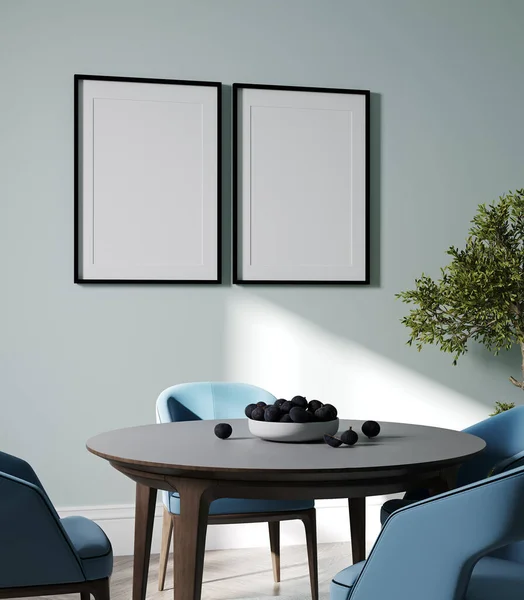 Mockup Poster Frames Modern Blue Interior Background Living Room Scandinavian — Fotografia de Stock