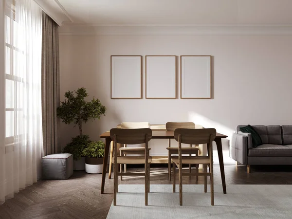 Blank vertical poster frames mock up in Modern room interior background with beige wall and stylish furniture, 3d rendering 