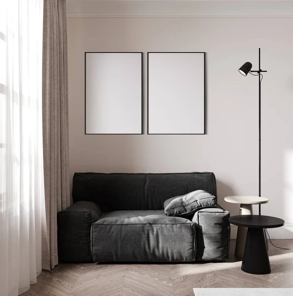 Blank Poster Frames Mock Scandinavian Style Living Room Interior Modern — Zdjęcie stockowe