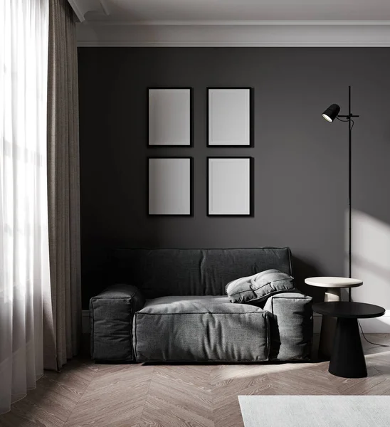 Four Blank Poster Frames Mock Luxury Dark Living Room Interior — Zdjęcie stockowe