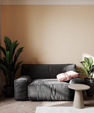 Şık iç mekan, oturma odası iç modelleme, boş şeftali duvarı, 3 boyutlu tasarım.