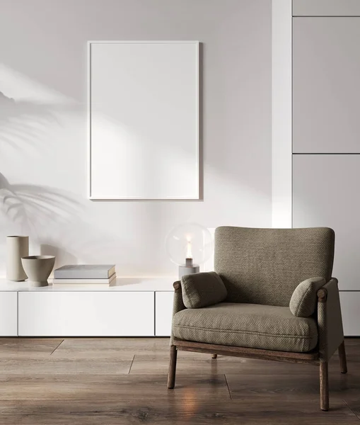 Blank Frame Mock Modern Living Room Interior Minimalistyczny Styl Renderowanie — Zdjęcie stockowe