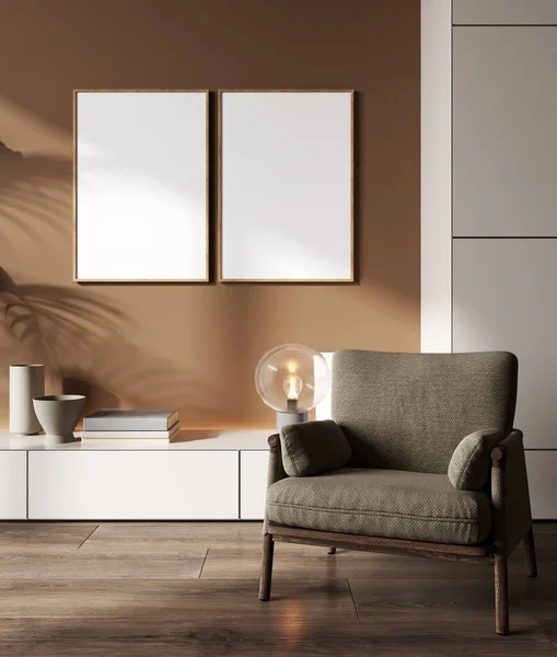 Two blank frames mock up in modern living room interior, brown wall, minimalist style, 3d rendering