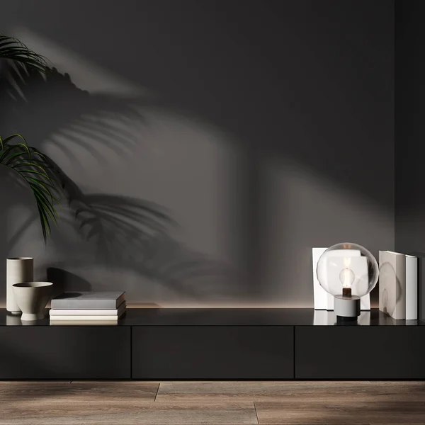 Empty black wall mockup in minimalistic living room, 3d rendering