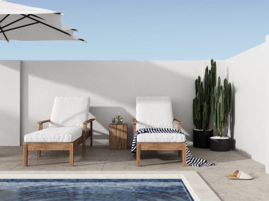 Bahçeye bakan çim sandalyeler ve yüzme havuzu, üç boyutlu görüntüleme.