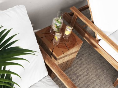 Havuzun yanındaki ahşap masada limonata, yaz konsepti, 3 boyutlu çizim.