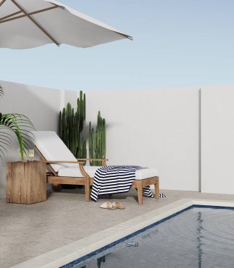 Bahçeye bakan çim sandalyeler ve yüzme havuzu, üç boyutlu görüntüleme.