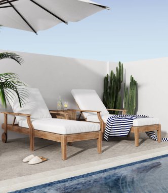 Güneş yatağı, limonata, kaktüs, palmiye ve yüzme havuzu olan bir teras.