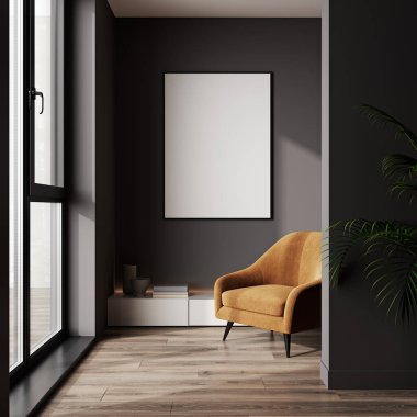 İç mekan, modern karanlık oturma odası iç mekan, poster çerçeve modeli, 3D tasarım