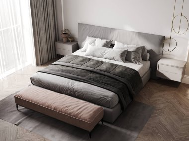 Gri, zarif İskandinav tarzı yatak odasının 3D görüntüsü