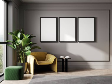 Poster çerçevelerini modern iç plan, oturma odası, İskandinav tarzı, 3D çizim, 3D illüstrasyon.