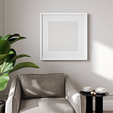 Oturma odasında içi boş bir poster, rahat mobilyalar ve ev dekorasyonu, kahve fincanı, 3D resim, 3D resim.