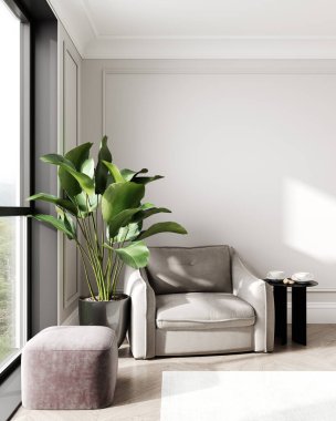 İskandinav minimalist arka planı koltuk, pembe pouf, kahve masası, halı, boş beyaz duvar modeli, 3D görüntüleme
