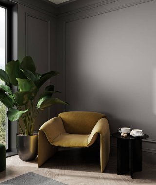 Minimalist modern oturma odası iç plan, 3D görüntüleme