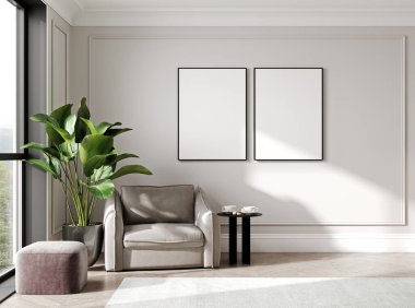 Oturma odasının iç planında model çerçeve, 3 boyutlu görüntüleme