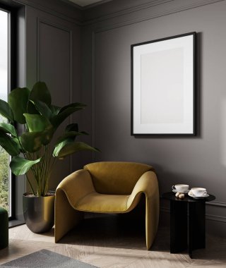 Evin içinde çerçeve modeli, lüks, modern karanlık oturma odası, 3 boyutlu.