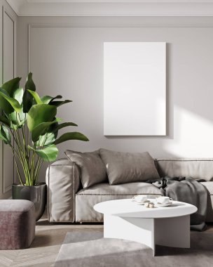 Boş dikey poster çerçevesi İskandinav tarzı oturma odası iç dekorasyonu, modern oturma odası arka planı, bej rengi kanepe ve bitki, 3D görüntüleme.