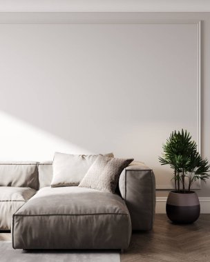 İç oturma odasının duvarının modeli gri kanepe ve bej arka planda dekor, 3D görüntüleme
