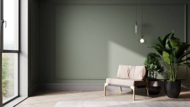 Yeşil duvarı ve pembe modern koltuğu olan ahşap zemini olan bir oda. Parlak oda iç mimarisi. Model için boş oda. 3d oluşturma.