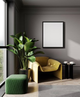 40x50 model poster çerçevesi modern iç plan sarı sandalye, oturma odası, İskandinav tarzı, 3D çizim, 3D illüstrasyon