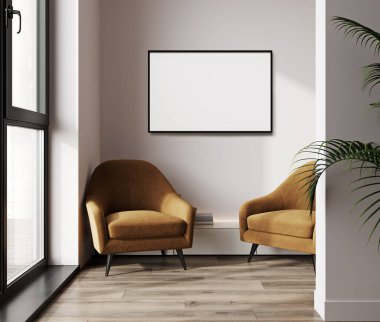 Yatay poster çerçevesi modern oturma odasının iç arka planında kahverengi koltuklar ve bej duvarlar, minimalist İskandinav tarzı, 3D illüstrasyon