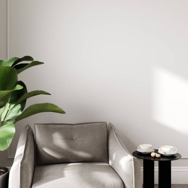 Koltuklu ve kahve masalı basit minimal iç plan, yakın plan, 3D görüntüleme.