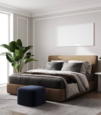 İskandinav yatak odası yatak odası, mavi puf, bitki ve büyük bir sanat çerçevesi, 3 boyutlu.