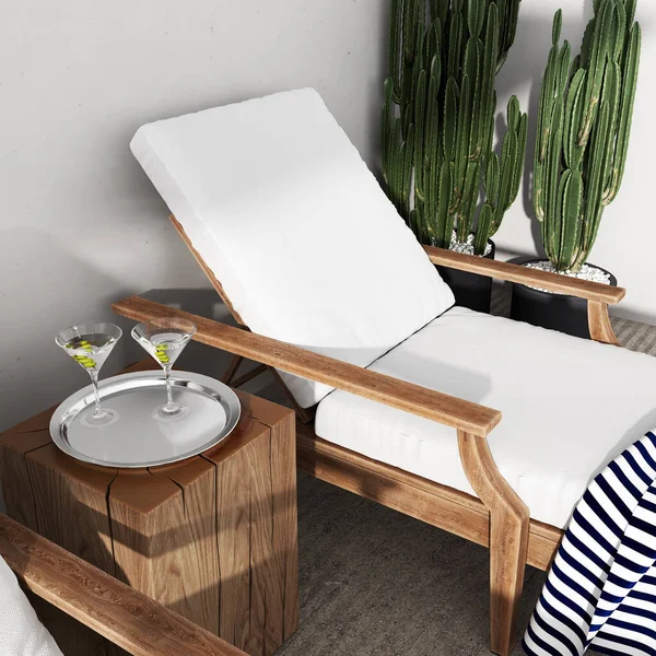 Margarita kokteylleri yüzme havuzu ve şezlongun yanındaki ahşap masada kaktüslü Meksika tarzı teras, yaz konsepti, 3D sunum.