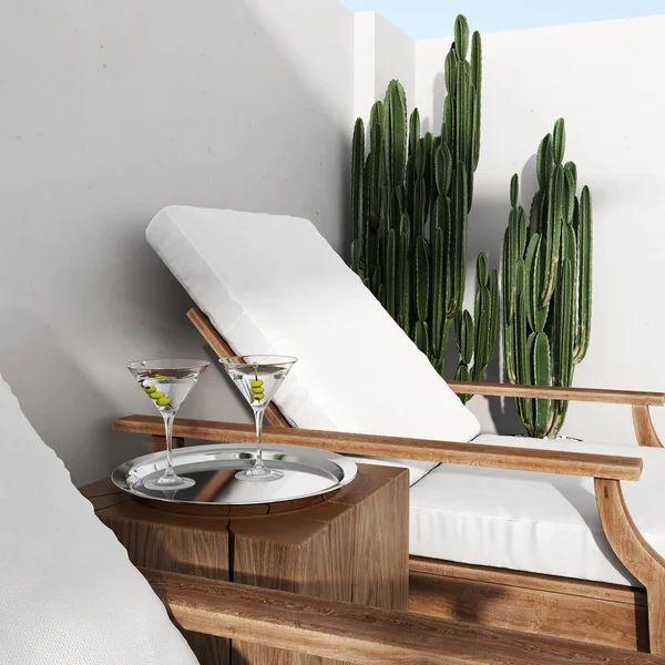 Meksika usulü terasta kokteyl margaritası, güneşli yatak ve kaktüs, yaz konsepti, 3D yorumlama.