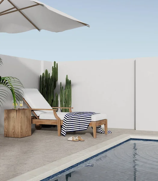 Bahçeye bakan çim sandalyeler ve yüzme havuzu, üç boyutlu görüntüleme.