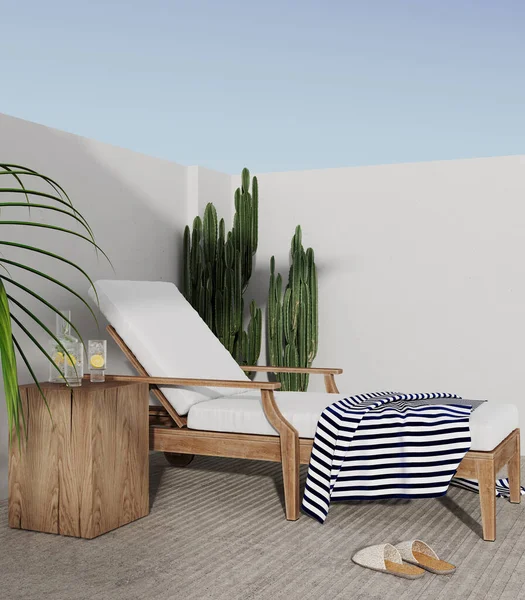 Sun bath with sun loungers and parasol, Mexico, 3d rendering