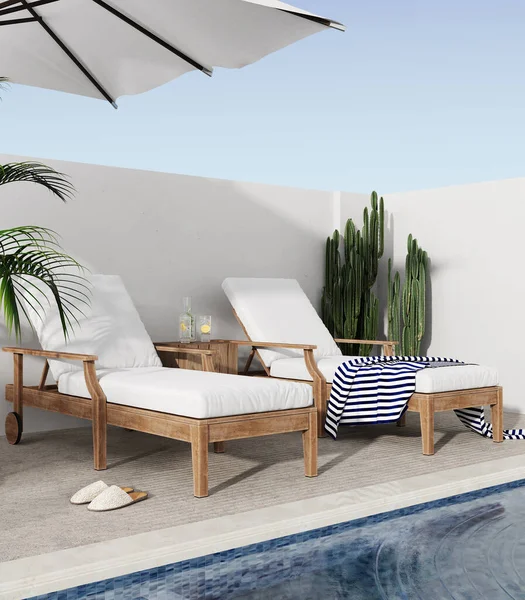 Güneş yatağı, limonata, kaktüs, palmiye ve yüzme havuzu olan bir teras.