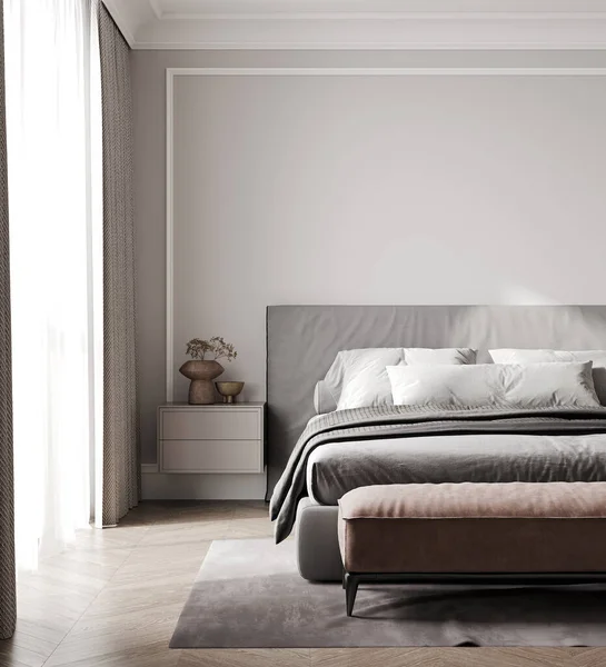 modern bedroom interior in gray tones with pink pouf, bedroom mock up, 3d rendering