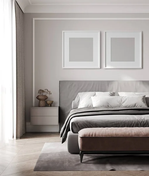 Branco Dois Quadros Simulam Interior Quarto Moderno Tons Bege Renderização — Fotografia de Stock
