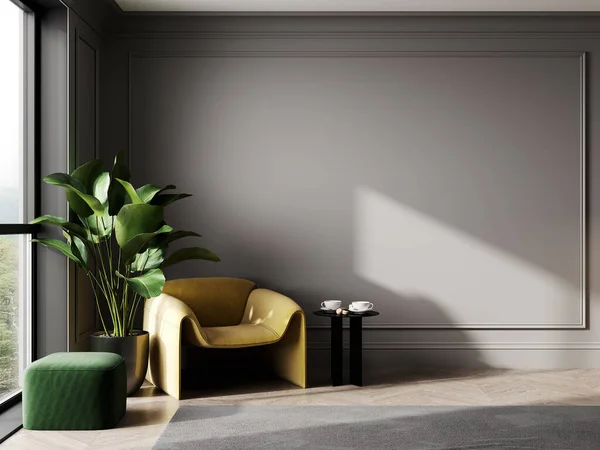 灰色内饰 有黄色躺椅 绿色邮袋和一个有植物的花瓶 3D渲染 — 图库照片