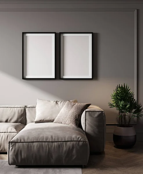 Empty Poster Frames Gray Wall Luxury Interior Background Dark Tones — Stock Photo, Image