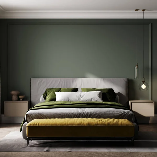 Interior Quarto Moderno Tons Verdes Quarto Mock Com Cama Elegante — Fotografia de Stock
