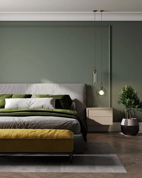 Quarto Verde Com Cama Cinza Parede Casa Quarto Interior — Fotografia de Stock