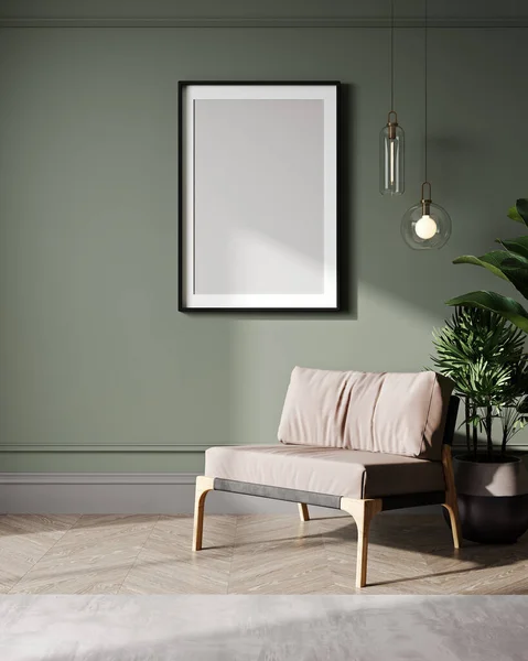 Mock Poster Frame Modern Green Interior Background Living Room Scandinavian — 스톡 사진