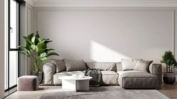 斯堪的纳维亚风格客厅室内模拟 现代客厅室内背景 米黄色沙发和植物 3D渲染 — 图库照片