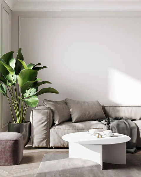 Home interior, luxury modern light living room interior, beige empty wall mock up, 3d rendering