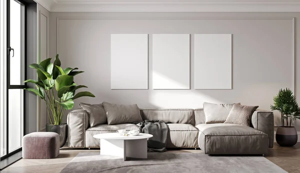 Stylish Interior Bright Living Room Beige Sofa Pouf Plant Coffee — Stock Photo, Image