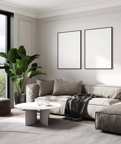 Dua Frame Mock Kosong Dinding Putih Kamar Dengan Sofa Krem — Stok Foto