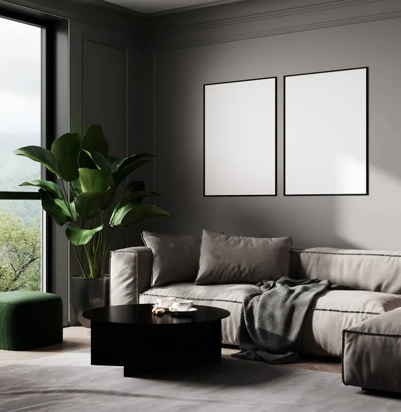 Leere Zwei Rahmen Mock Modernen Wohnzimmer Interieur Mit Grauem Sofa — Stockfoto