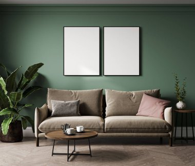 Koyu yeşil mobilyalı iki çerçeve modelle ev içi arka plan, 3D görüntüleme