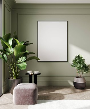 Boş dikey poster çerçevesi İskandinav tarzı oturma odası iç dekorasyonu, modern oturma odası arka planı, pembe pouf ve bitki, 3D görüntüleme