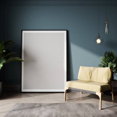 Modern mavi iç plan, oturma odası, İskandinav tarzı, 3D çizim, 3D resim