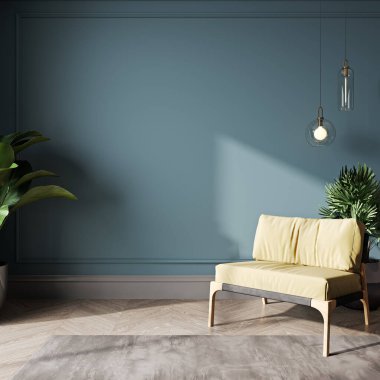Boş mavi boya duvarı ve sarı sandalyeli asgari stil modern salon, 3 boyutlu. 
